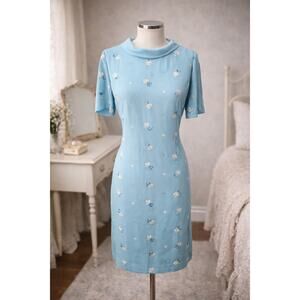 60s Vintage Korell Blue Shift Dress with Embroidered Flowers - M